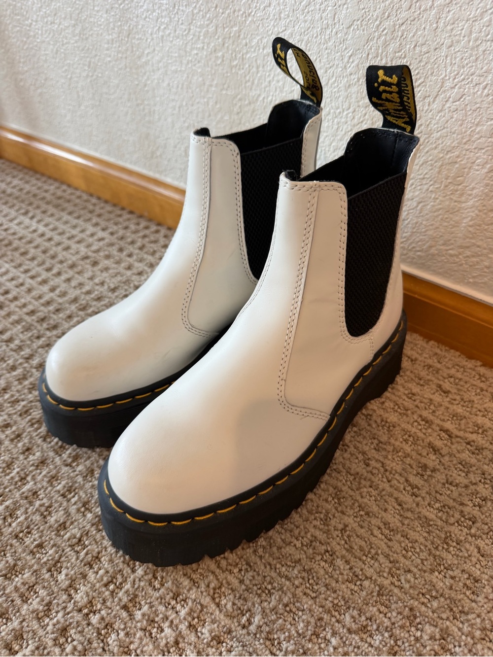 Dr. Martens White Chelsea Platform Boots with Black Elastic Panels